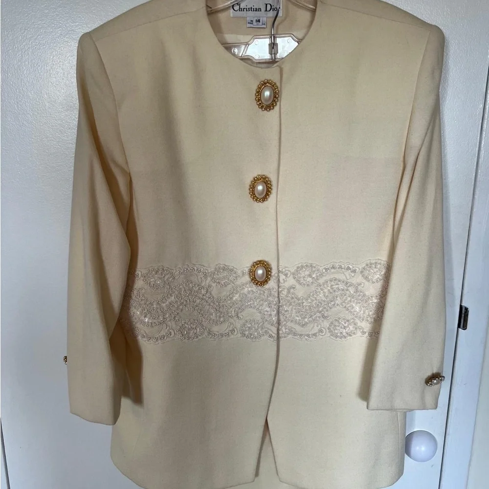 Dior Women's Cream Blazer with Skirt Gold Accents